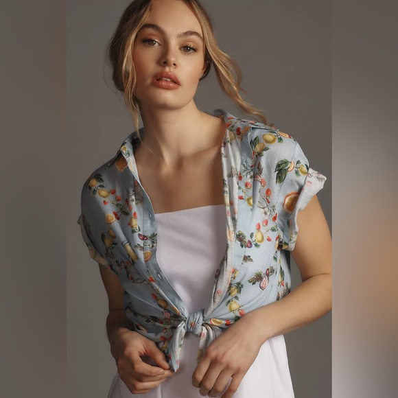 Anthropologie MAEVE FRUIT PRINTED SHORT-SLEEVE SHIRT Blue Lemons XS NWOT - Picture 1 of 3